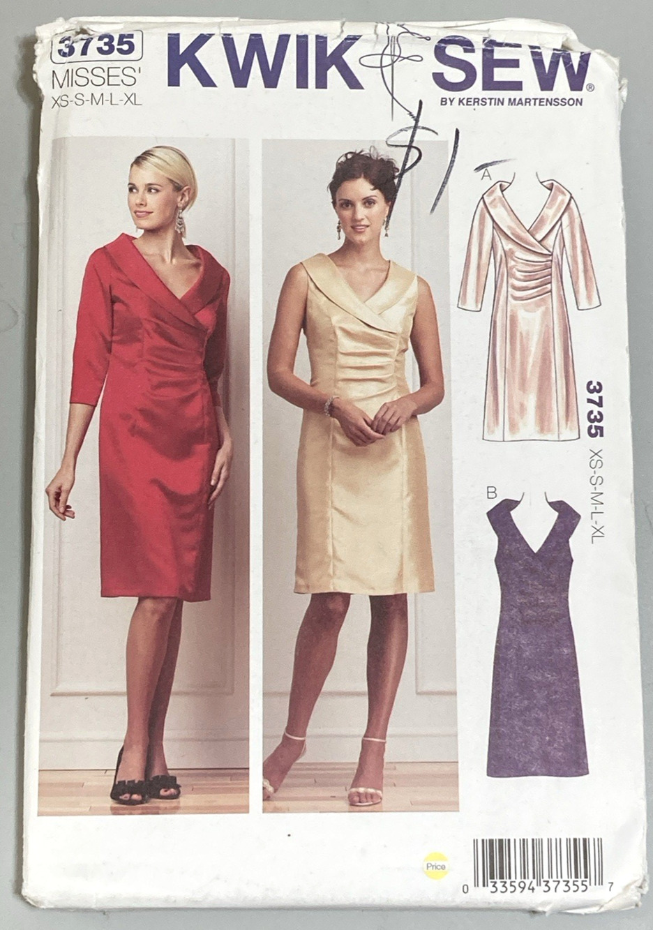 Kwik Sew 3735 Misses Formal Dress Princess Seams Shawl Collar V-Neck XS-XL UNCUT